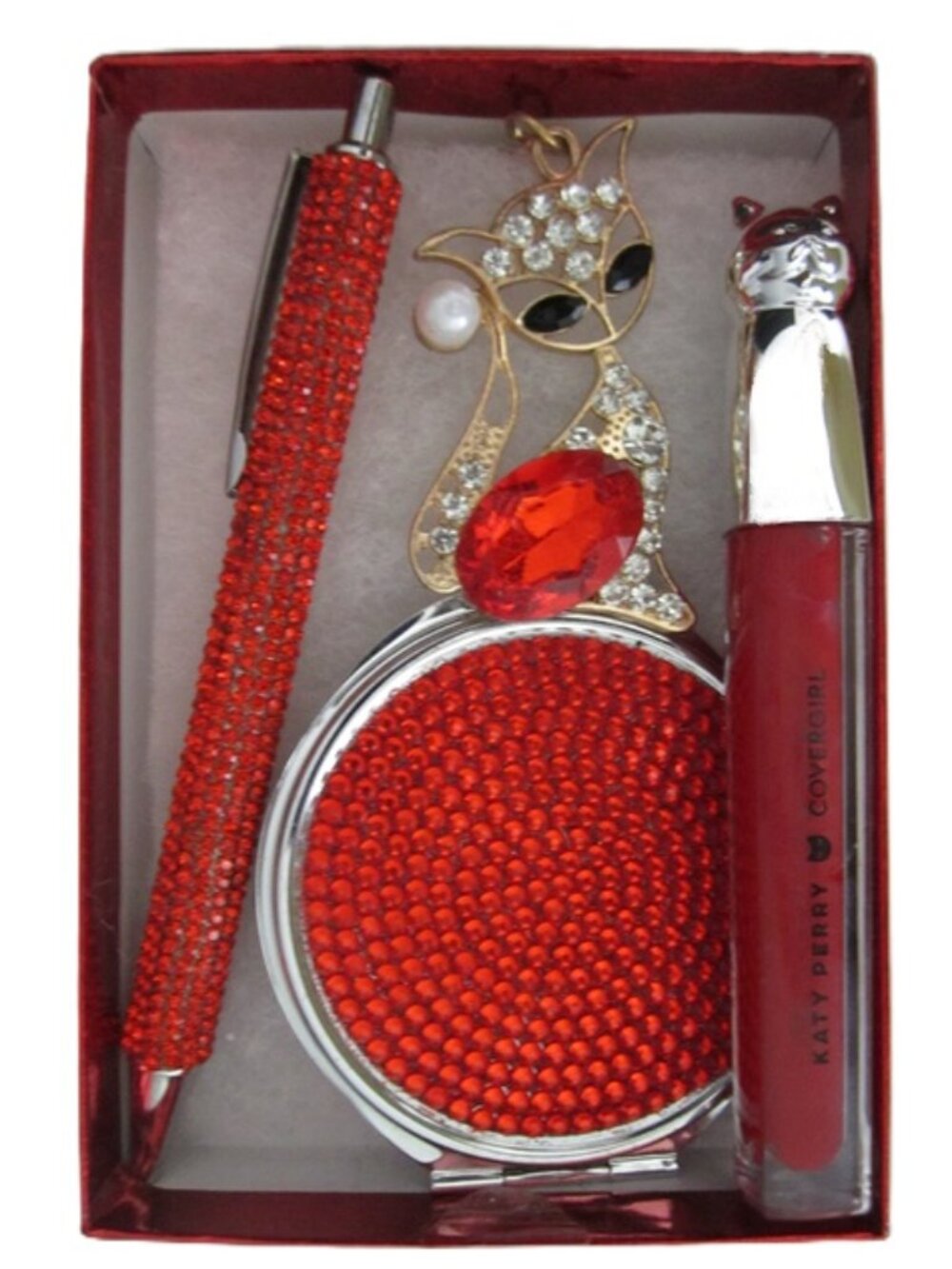 Cover Girl Katy Perry Lip Gloss Compact Mirror Ink Pen Cat Keychain Red  NEW